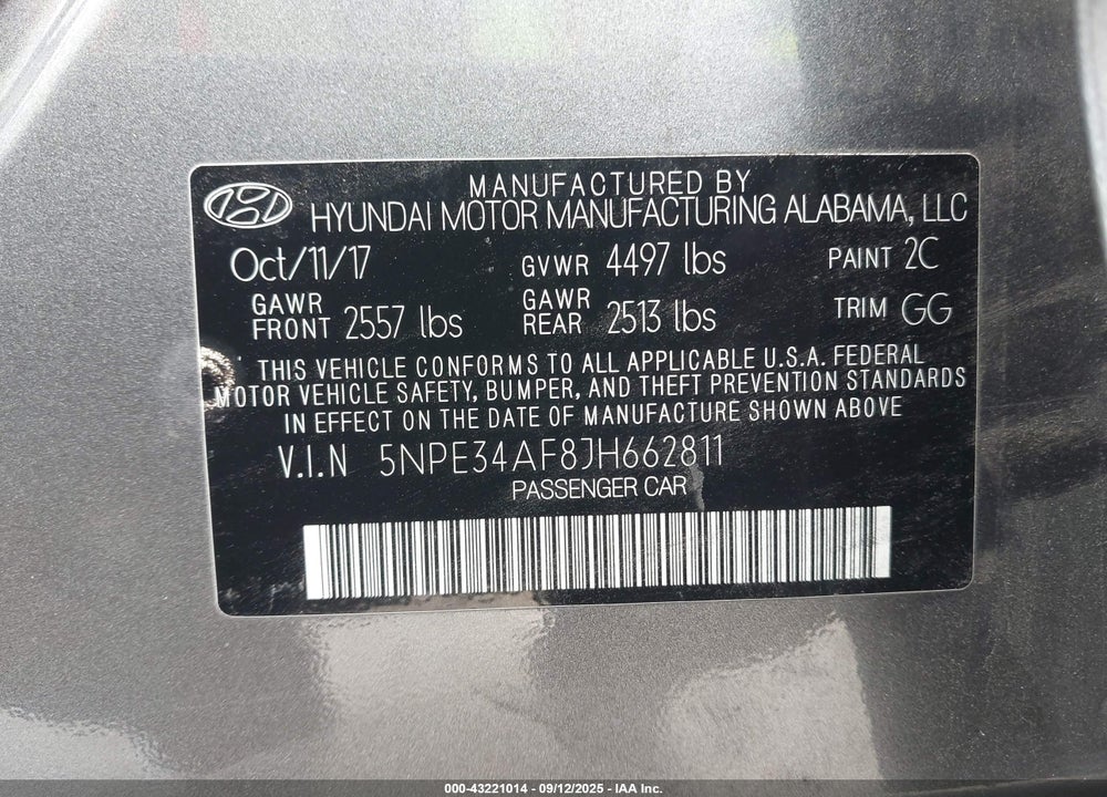 2018 HYUNDAI SONATA VIN: 5NPE34AF8JH662811