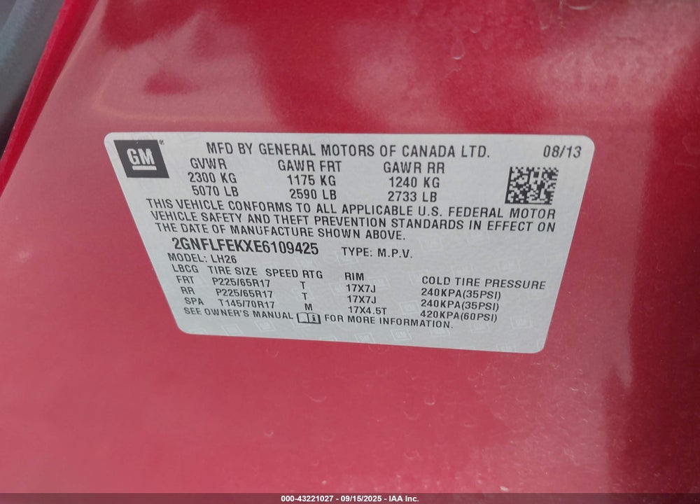 2014 CHEVROLET EQUINOX VIN: 2GNFLFEKXE6109425
