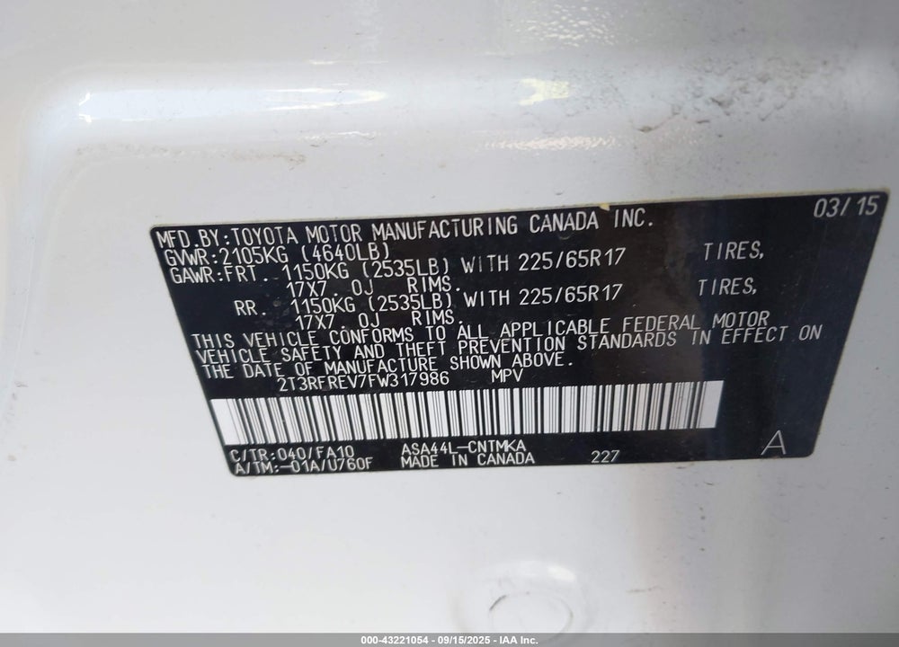 2015 TOYOTA RAV4 VIN: 2T3RFREV7FW317986