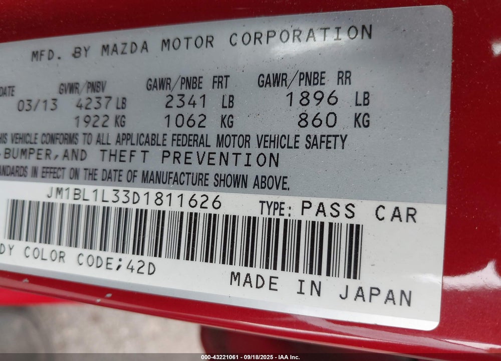 2013 MAZDA 3 VIN: JM1BL1L33D1811626