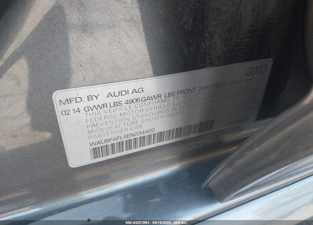 2014 AUDI A4 PREMIUM VIN: WAUBFAFL4ENO34402