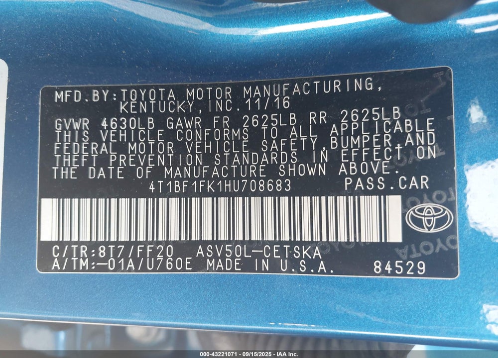 2017 TOYOTA CAMRY SE VIN: 4T1BF1FK1HU708683