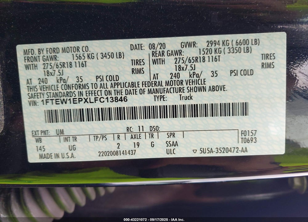 2020 FORD F-150 VIN: 1FTEW1EPXLFC13846