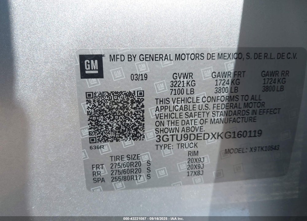 2019 GMC SIERRA 1500 VIN: 3GTU9DEDXKG160119