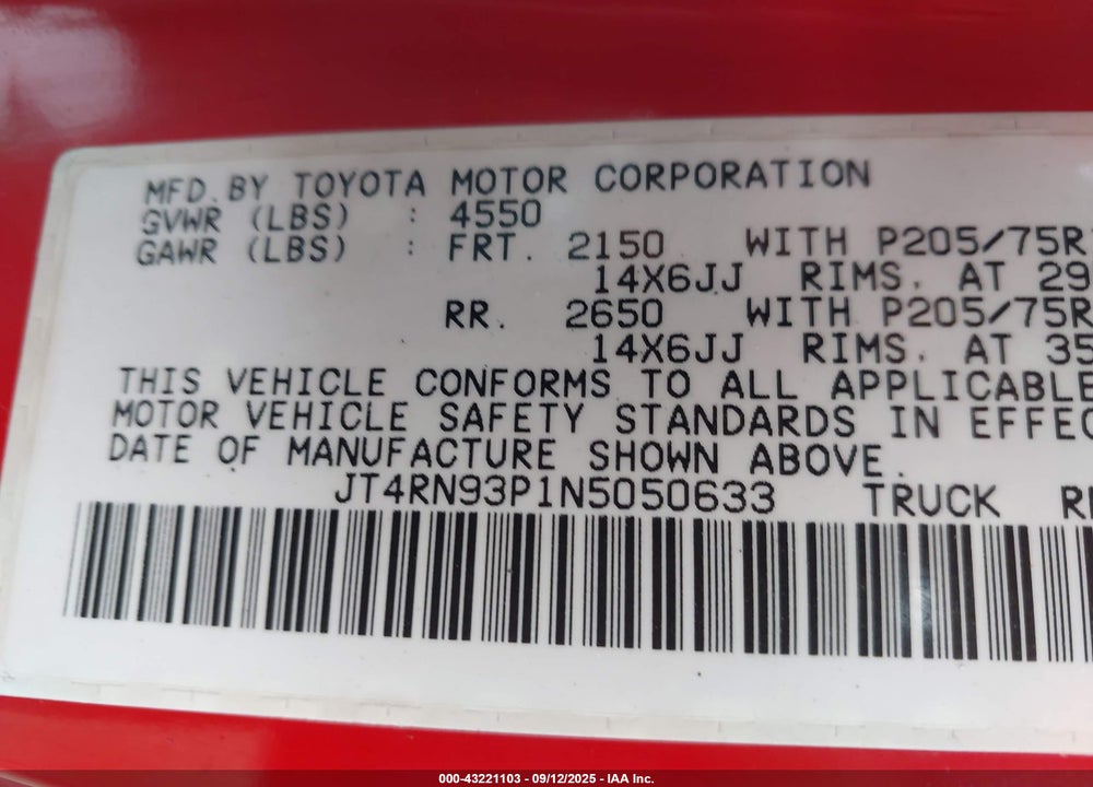 1992 TOYOTA PICKUP 1/2 TON EX LNG WHLBSE DLX VIN: JT4RN93P1N5050633