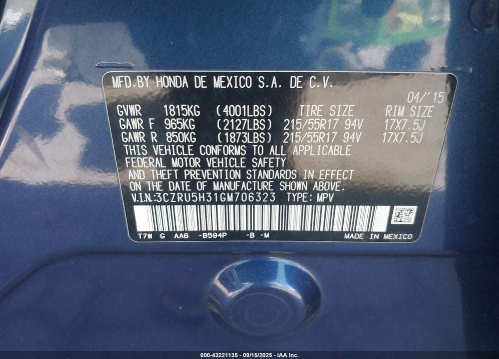 2016 HONDA HR-V VIN: 3CZRU5H31GM706323