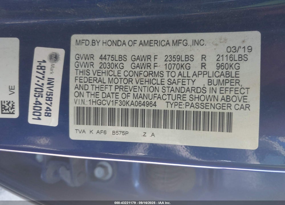 2019 HONDA ACCORD VIN: 1HGCV1F30KA064964