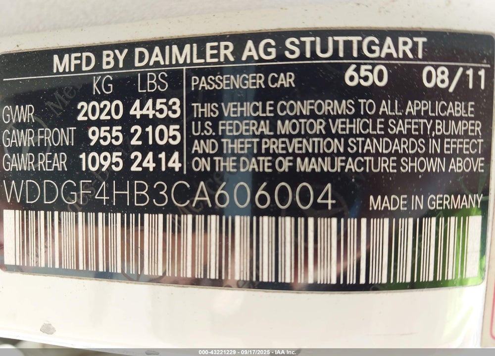 2012 MERCEDES-BENZ C CLASS VIN: WDDGF4HB3CA606004