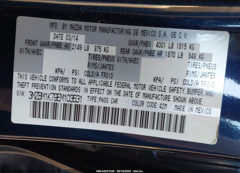 2014 MAZDA 3 VIN: 3MZBM1K79EM103531
