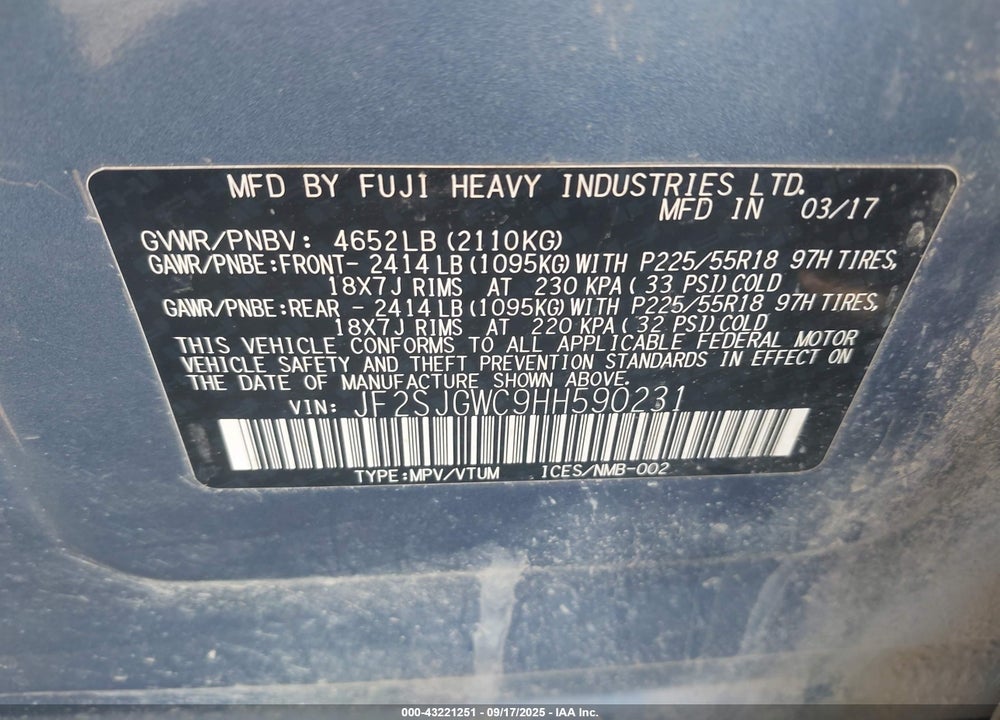 2017 SUBARU FORESTER VIN: JF2SJGWC9HH590231