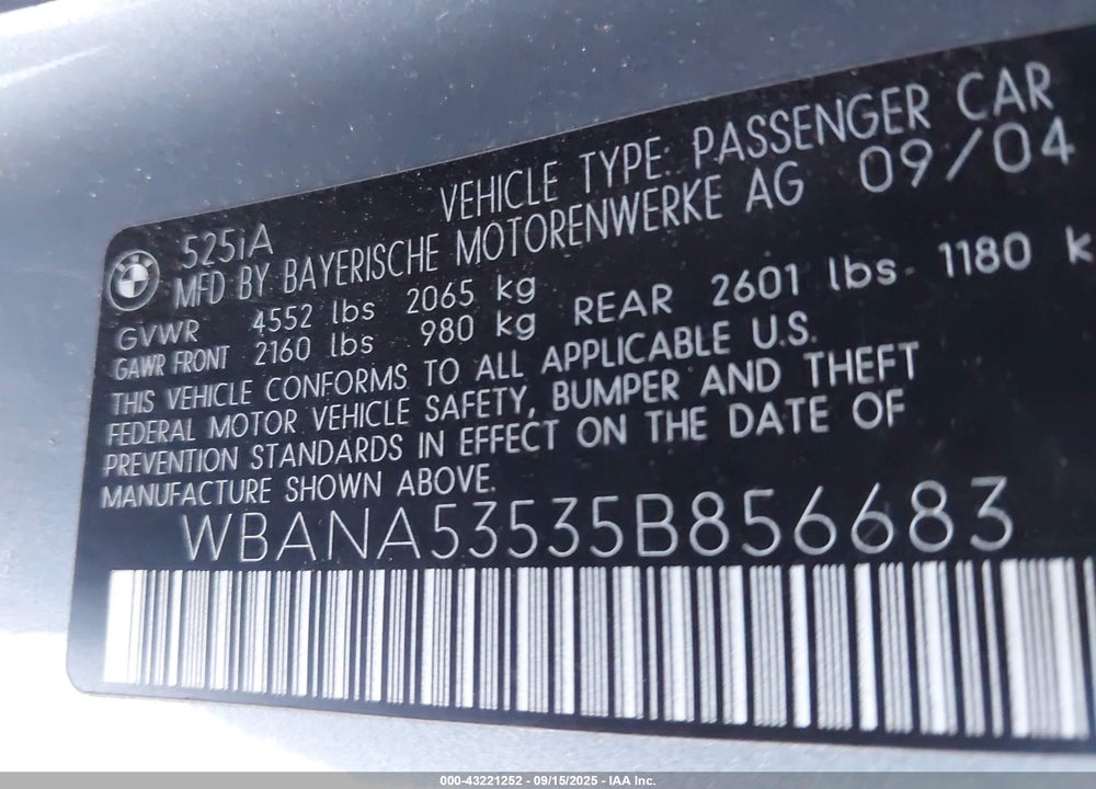 2005 BMW 525I VIN: WBANA53535B856683