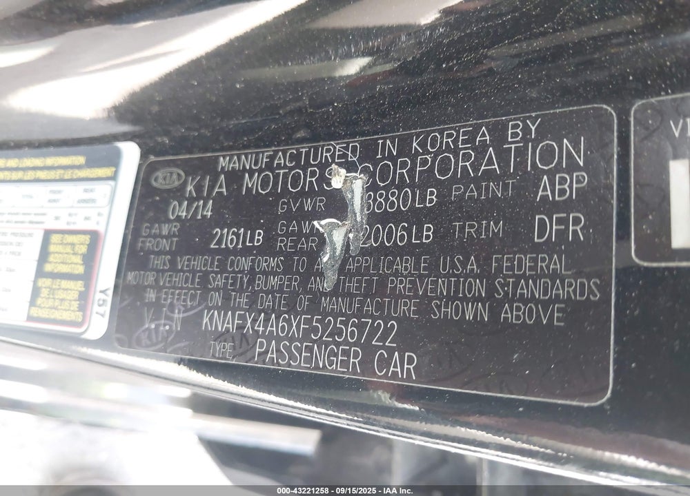 2015 KIA FORTE VIN: KNAFX4A6XF5256722