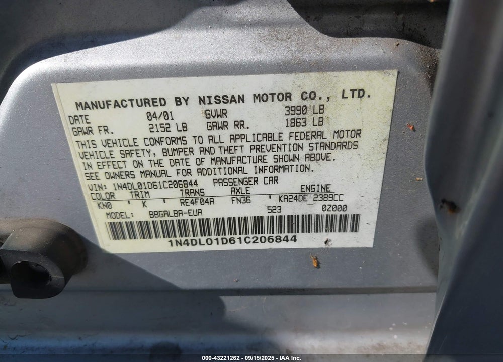 2001 NISSAN ALTIMA GXE VIN: 1N4DL01D61C206844