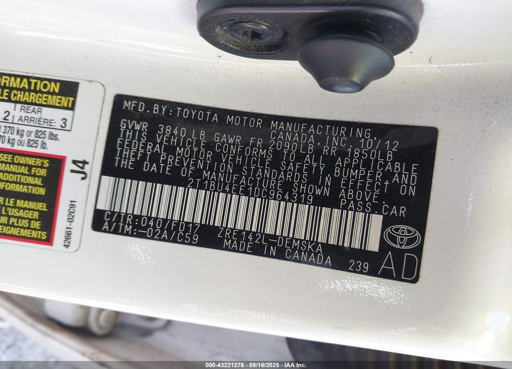 2013 TOYOTA COROLLA S VIN: 2T1BU4EE1DC964319