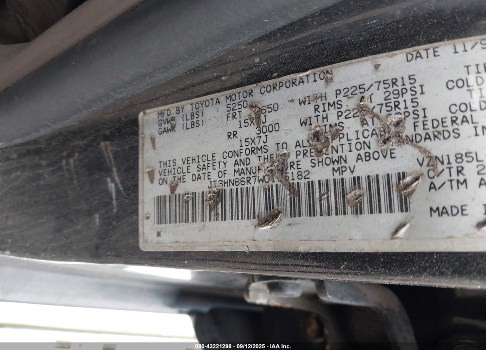 1998 TOYOTA 4RUNNER SR5 V6 VIN: JT3HN86R7W0155182