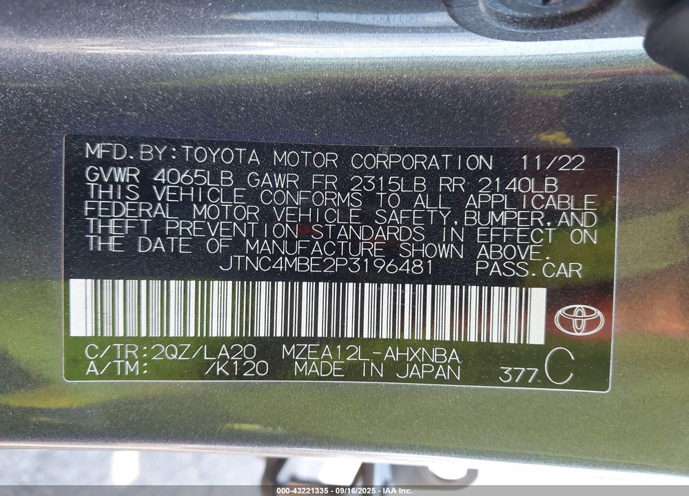 2023 TOYOTA COROLLA VIN: JTNC4MBE2P3196481