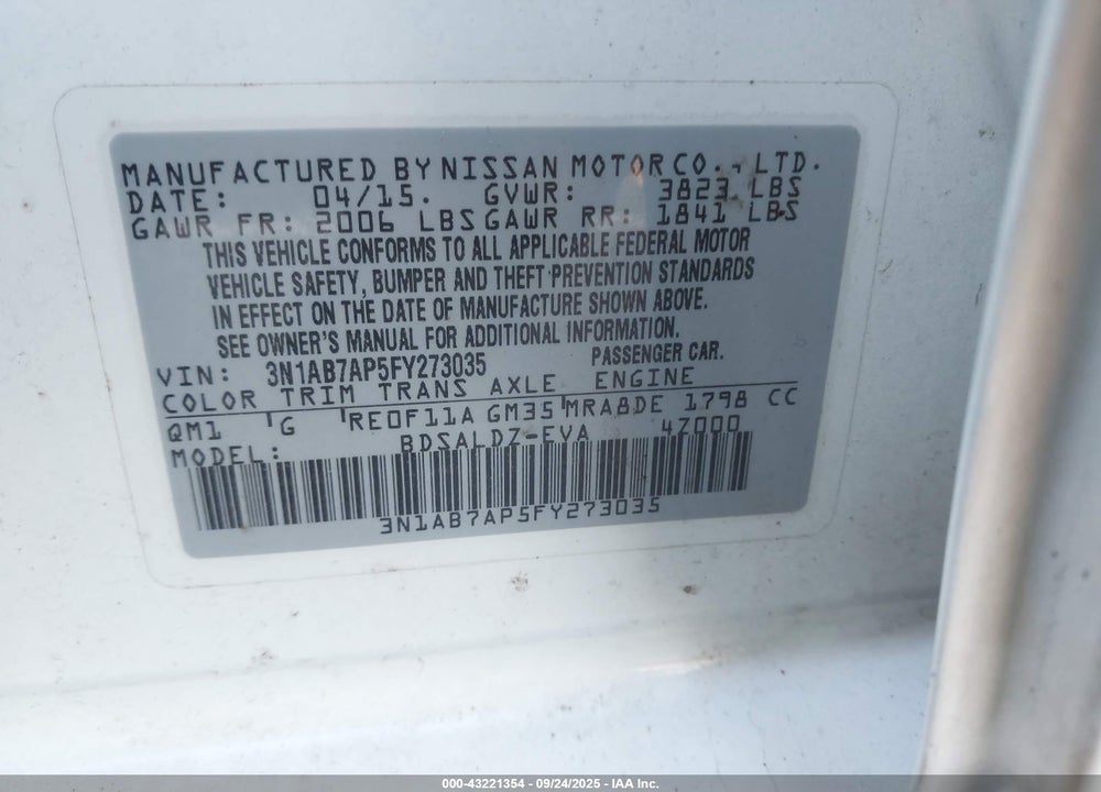 2015 NISSAN SENTRA VIN: 3N1AB7AP5FY273035