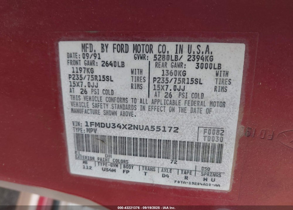 1992 FORD EXPLORER VIN: 1FMDU34X2NUA55172