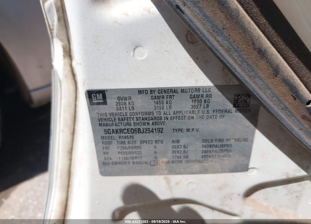 2011 BUICK ENCLAVE VIN: 5GAKRCED6BJ254192