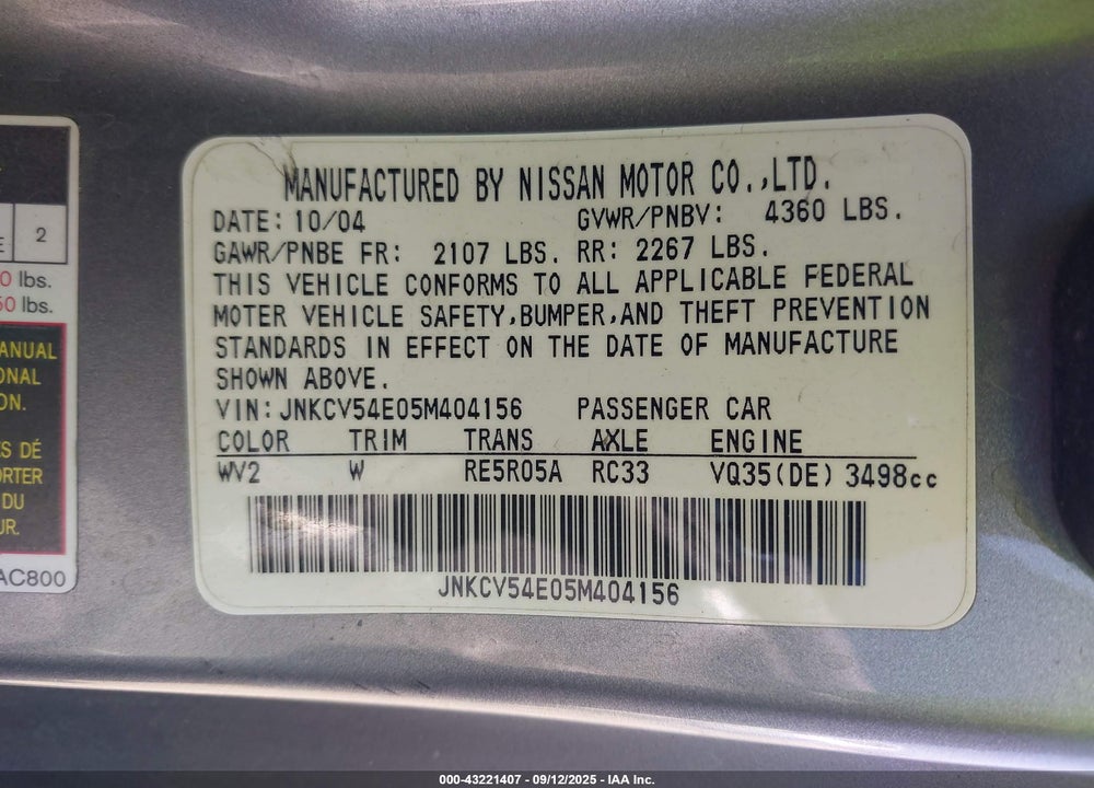 2005 INFINITI G35 VIN: JNKCV54E05M404156