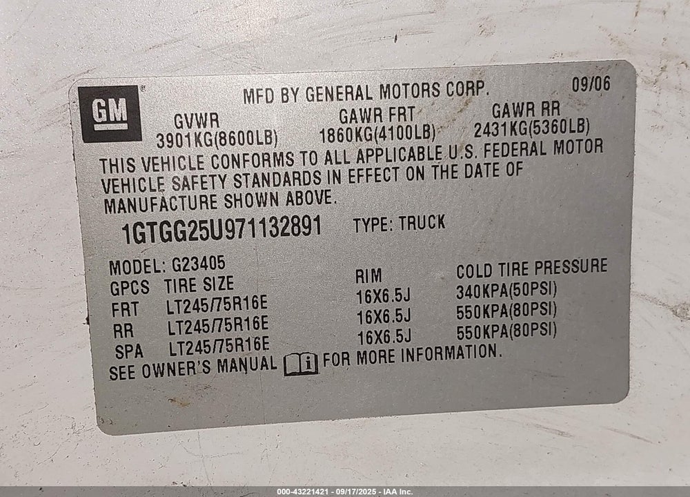 2007 GMC SAVANA WORK VAN VIN: 1GTGG25U971132891