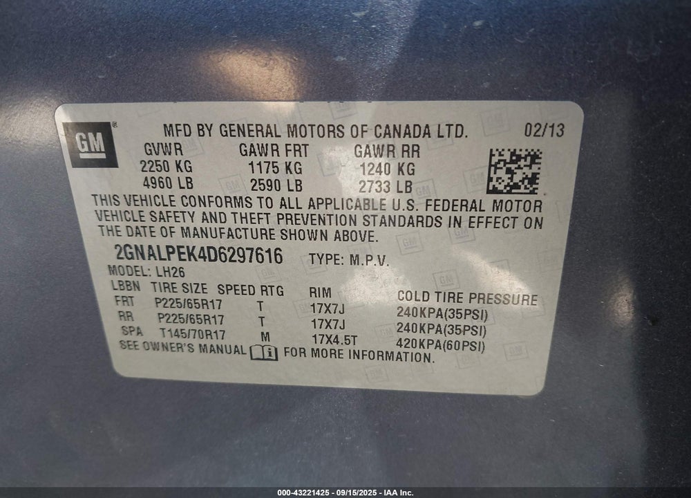 2013 CHEVROLET EQUINOX 2LT VIN: 2GNALPEK4D6297616