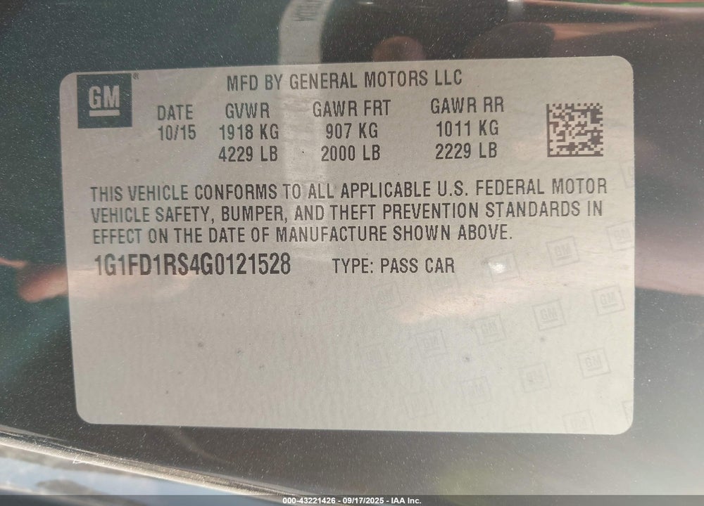 2016 CHEVROLET CAMARO VIN: 1G1FD1RS4G0121528