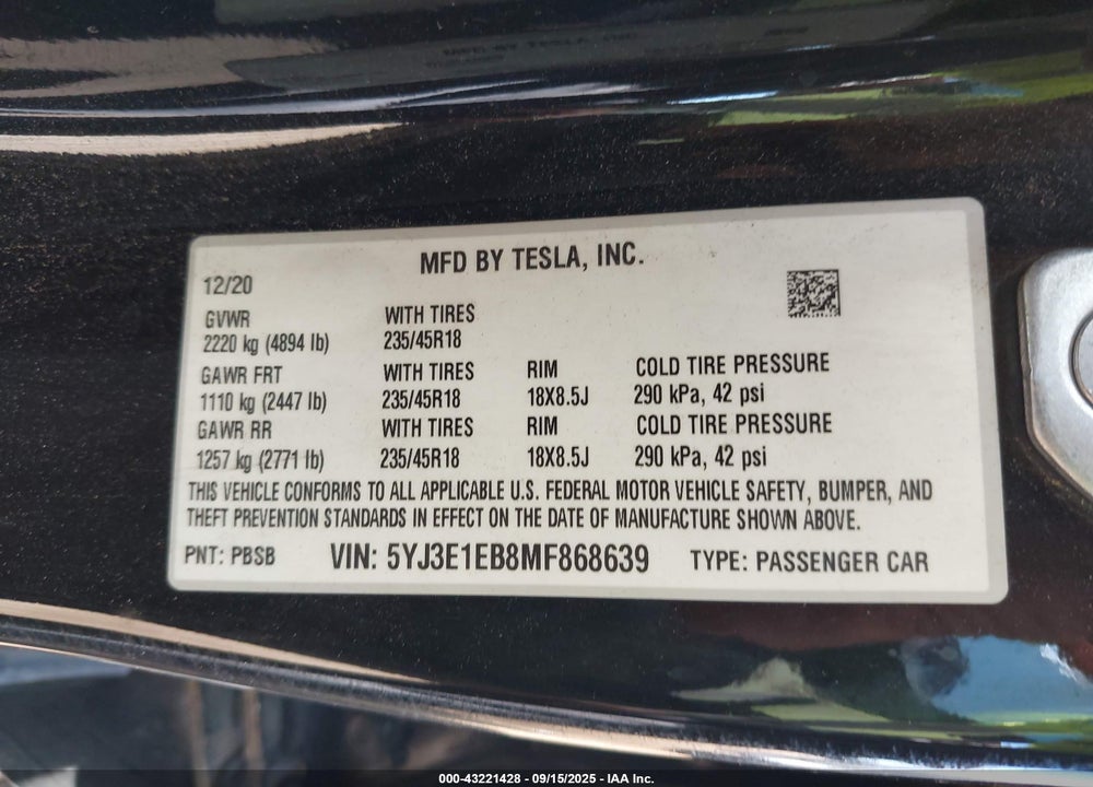 2021 TESLA MODEL 3 VIN: 5YJ3E1EB8MF868639