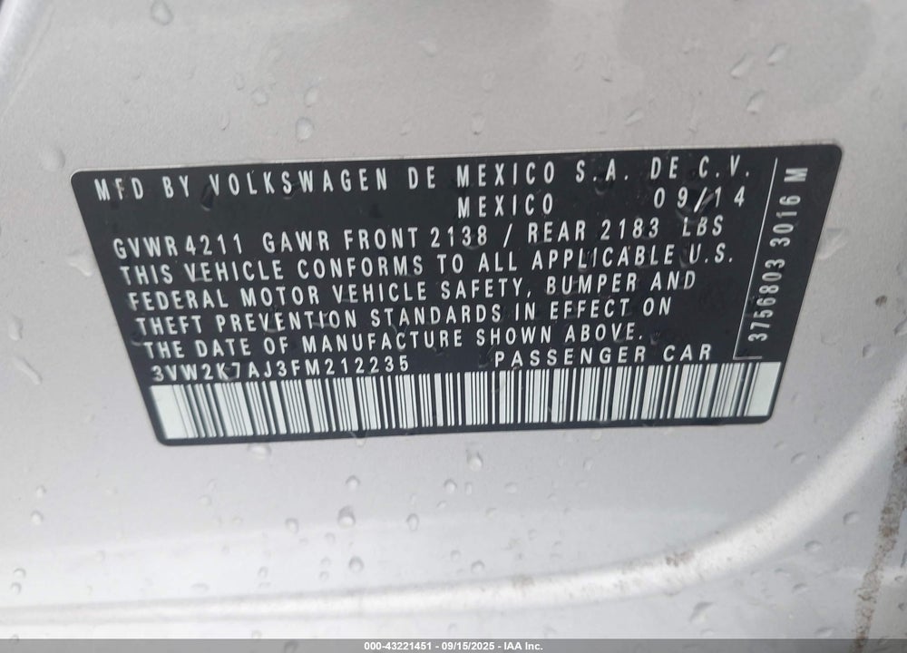 2015 VOLKSWAGEN JETTA VIN: 3VW2K7AJ3FM212235