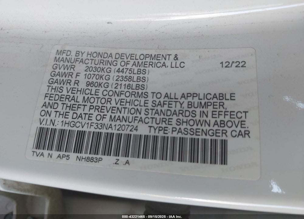 2022 HONDA ACCORD VIN: 1HGCV1F33NA120724