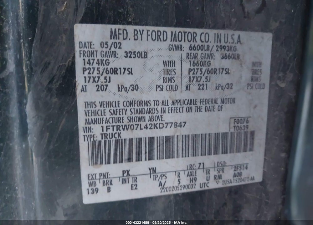 2002 FORD F-150 LARIAT/XLT VIN: 1FTRW07L42KD77847