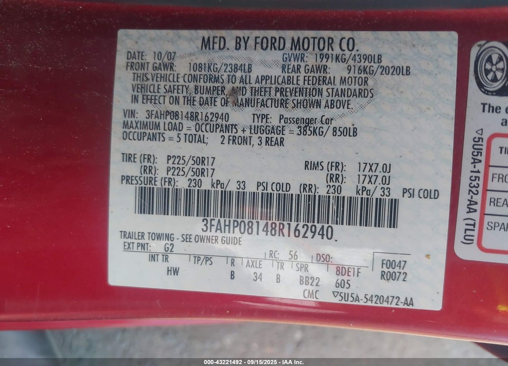 2008 FORD FUSION SEL VIN: 3FAHP08148R162940