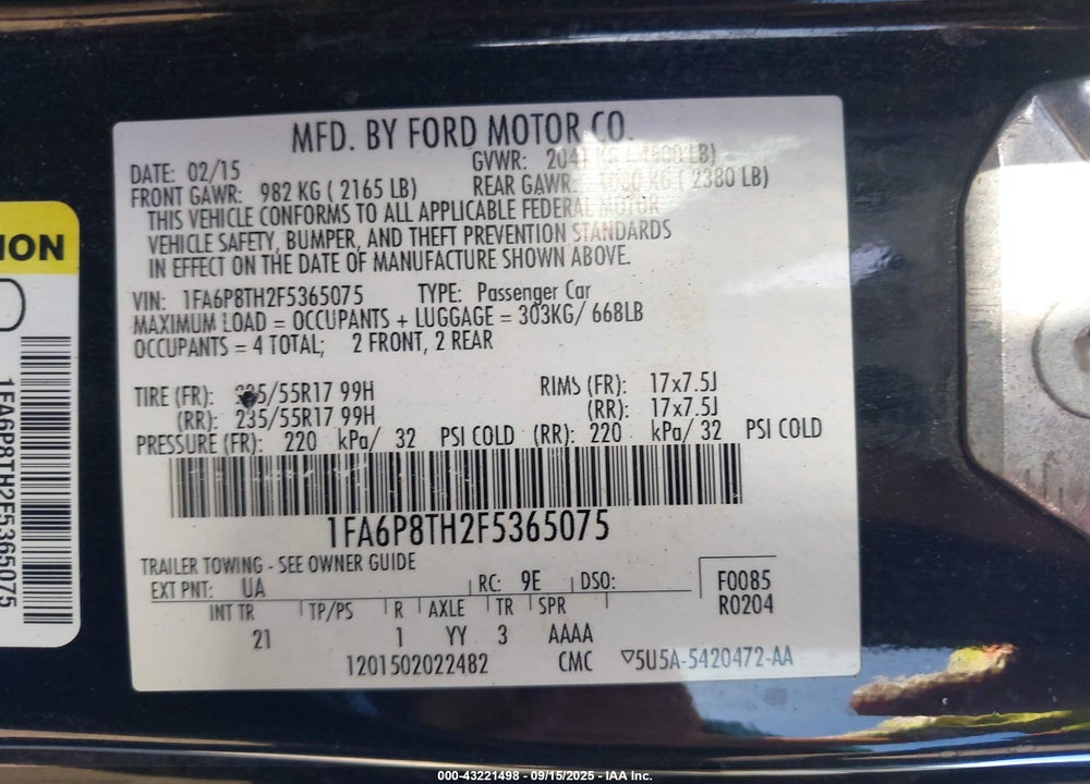 2015 FORD MUSTANG VIN: 1FA6P8TH2F5365075