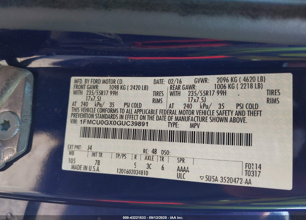 2016 FORD ESCAPE VIN: 1FMCU0GX0GUC39891