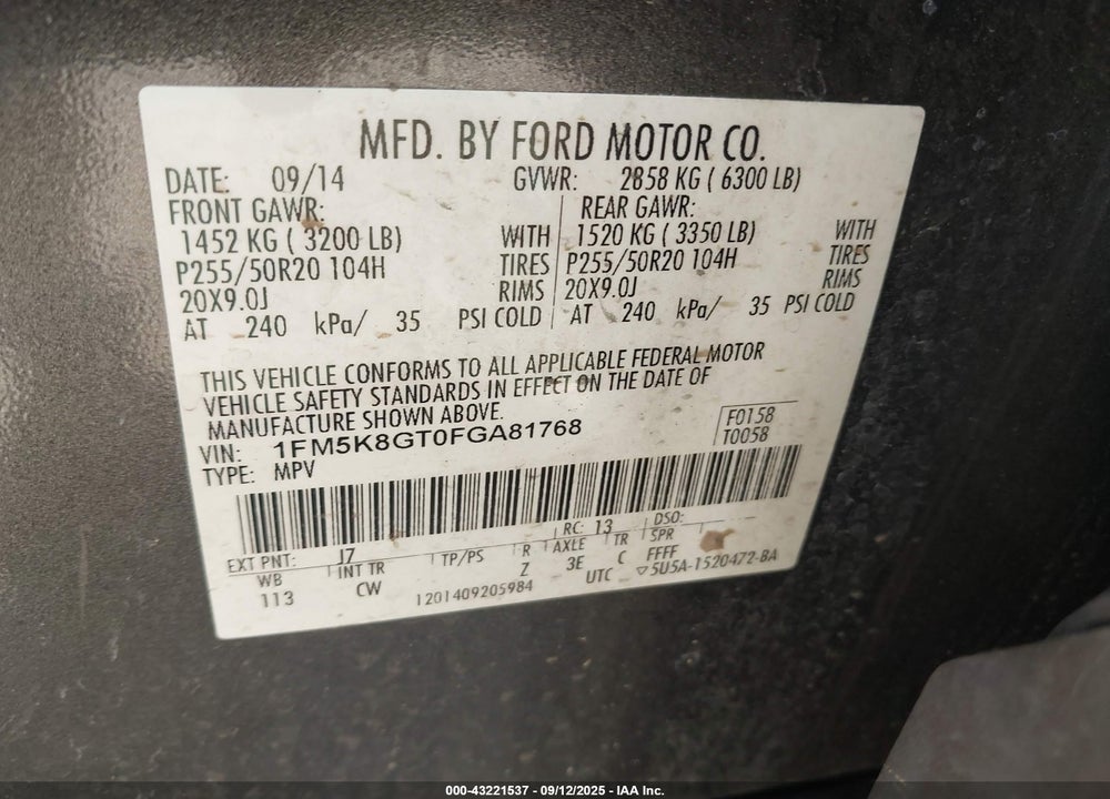 2015 FORD EXPLORER VIN: 1FM5K8GT0FGA81768