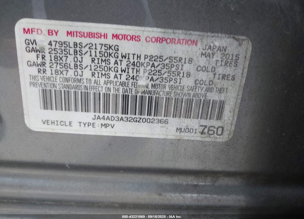 2016 MITSUBISHI OUTLANDER VIN: JA4AD3A32GZ002366
