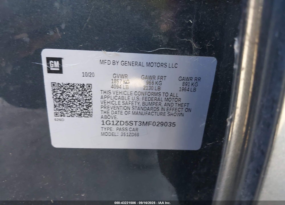 2021 CHEVROLET MALIBU VIN: 1G1ZD5ST3MF029035