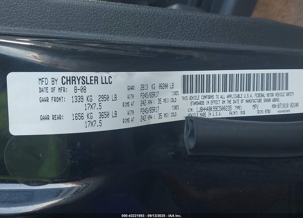 2009 JEEP COMMANDER VIN: 1J8HH48K99C500235
