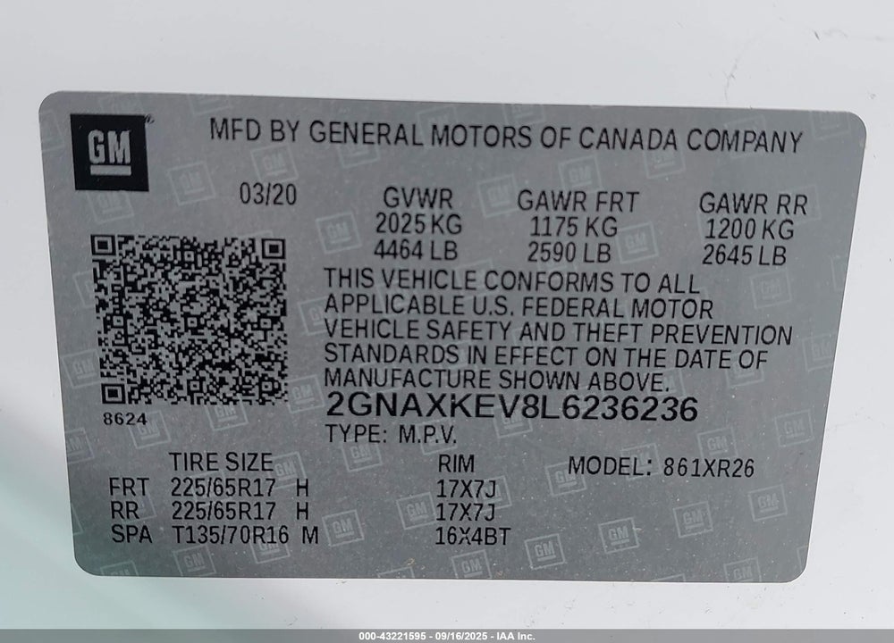 2020 CHEVROLET EQUINOX FWD LT 1.5L TURBO VIN: 2GNAXKEV8L6236236