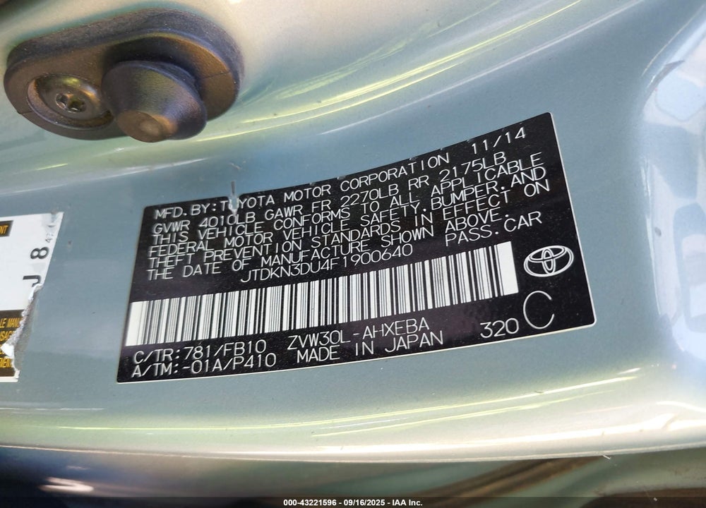 2015 TOYOTA PRIUS VIN: JTDKN3DU4F1900640