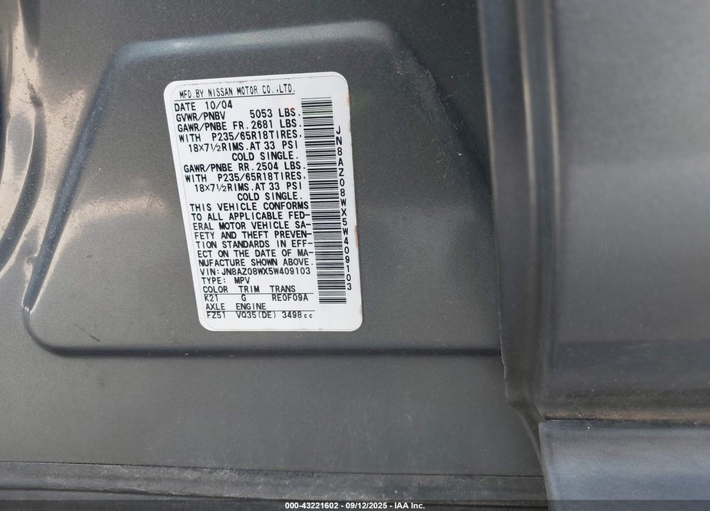 2005 NISSAN MURANO SL VIN: JN8AZ08WX5W409103
