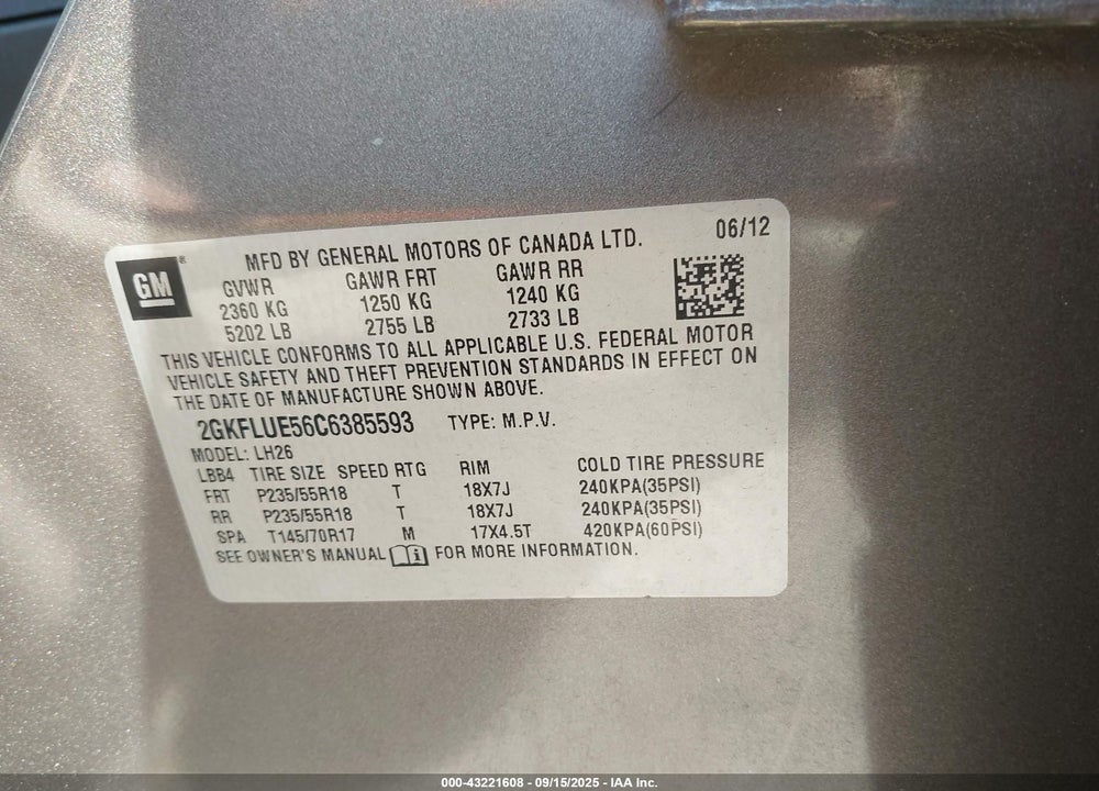 2012 GMC TERRAIN VIN: 2GKFLUE56C6385593