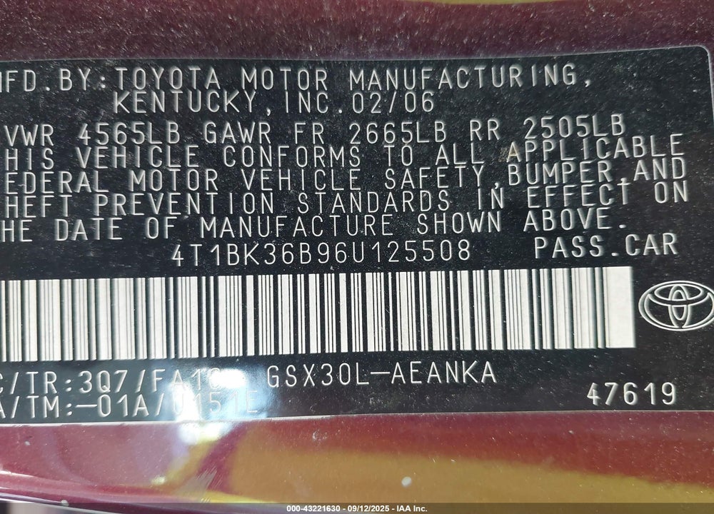 2006 TOYOTA AVALON XL VIN: 4T1BK36B96U125508