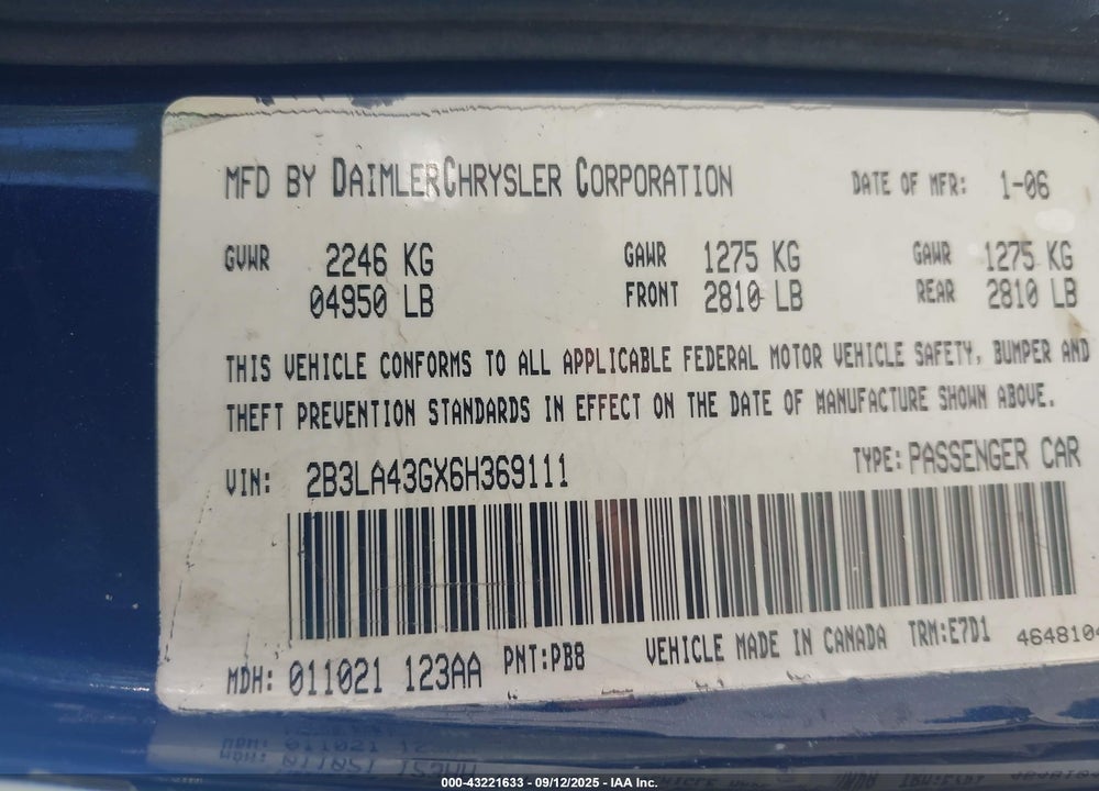 2006 DODGE CHARGER VIN: 2B3LA43GX6H369111