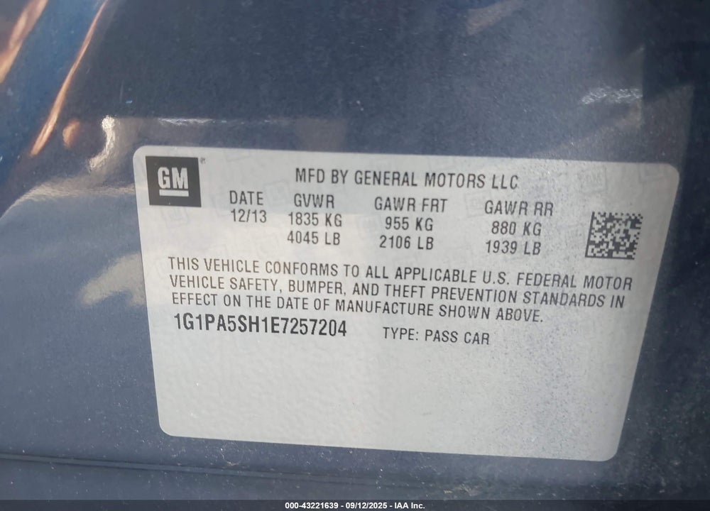 2014 CHEVROLET CRUZE VIN: 1G1PA5SH1E7257204