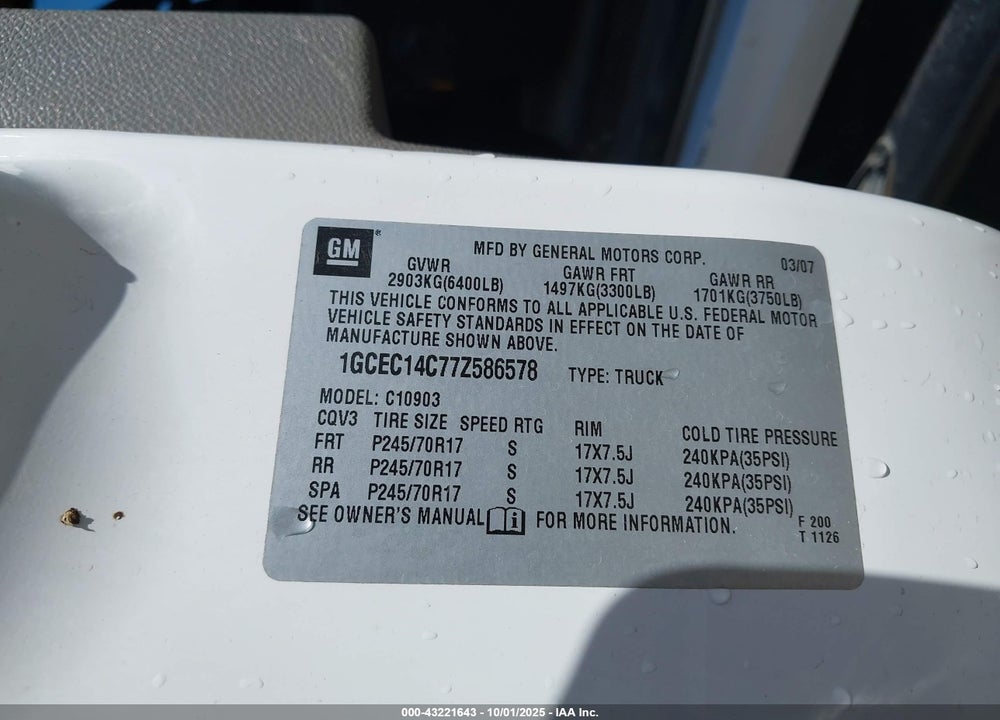 2007 CHEVROLET SILVERADO 1500 WORK TRUCK VIN: 1GCEC14C77Z586578