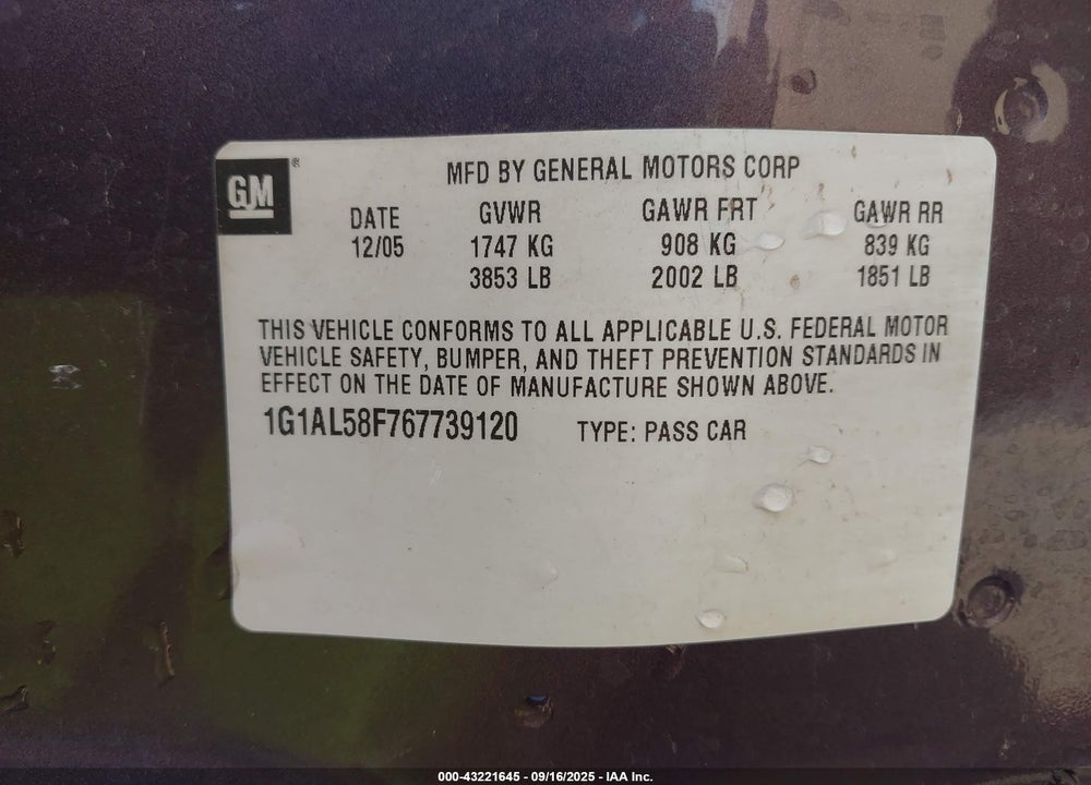 2006 CHEVROLET COBALT LT VIN: 1G1AL58F767739120