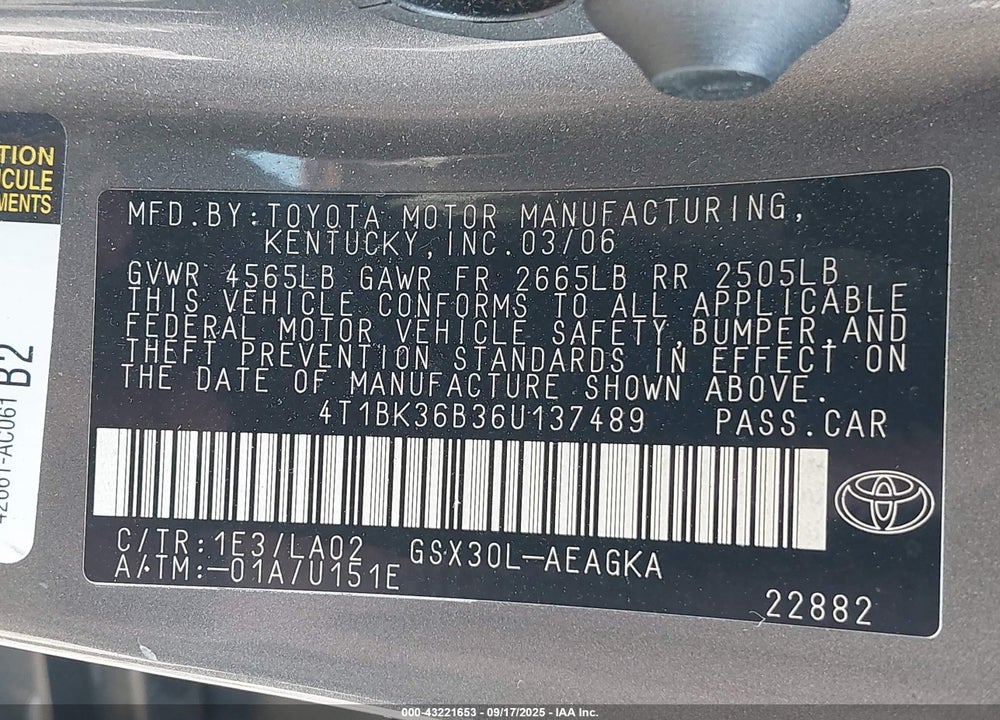 2006 TOYOTA AVALON XLS VIN: 4T1BK36B36U137489