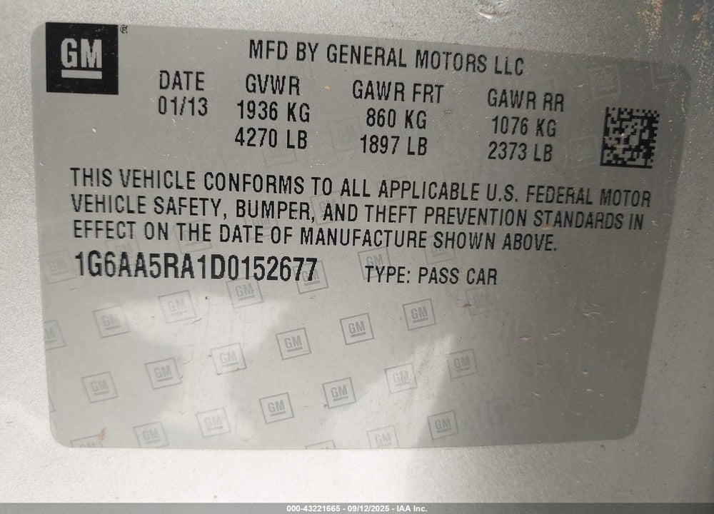 2013 CADILLAC ATS VIN: 1G6AA5RA1D0152677