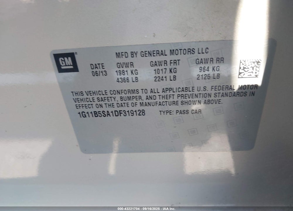 2013 CHEVROLET MALIBU VIN: 1G11B5SA1DF319128